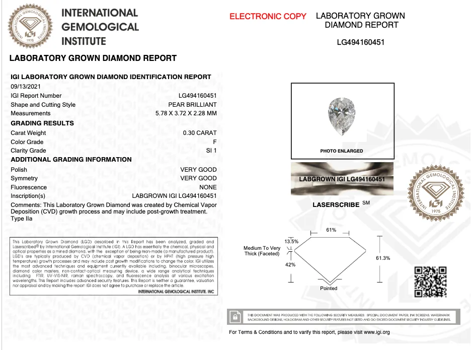 0.30CT Pear F SI1 VG VG NONE - LG494160451