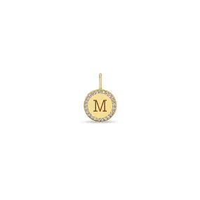 14k Single Small Engraved Initial with Diamond Halo Disc Charm Pendant