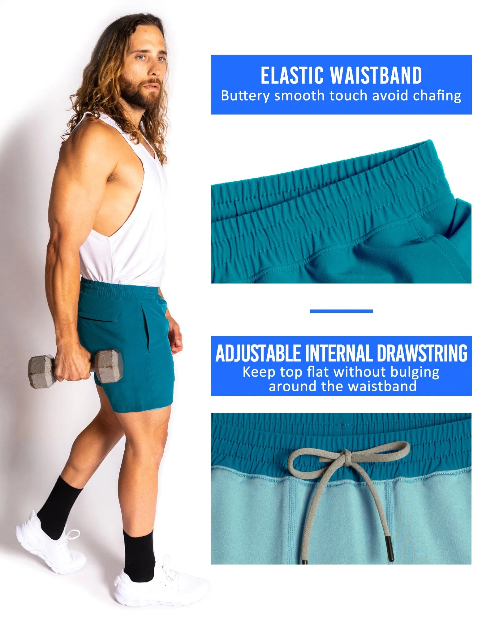 2 in 1 Stretch Short Lined Cyan Blue Gym Shorts