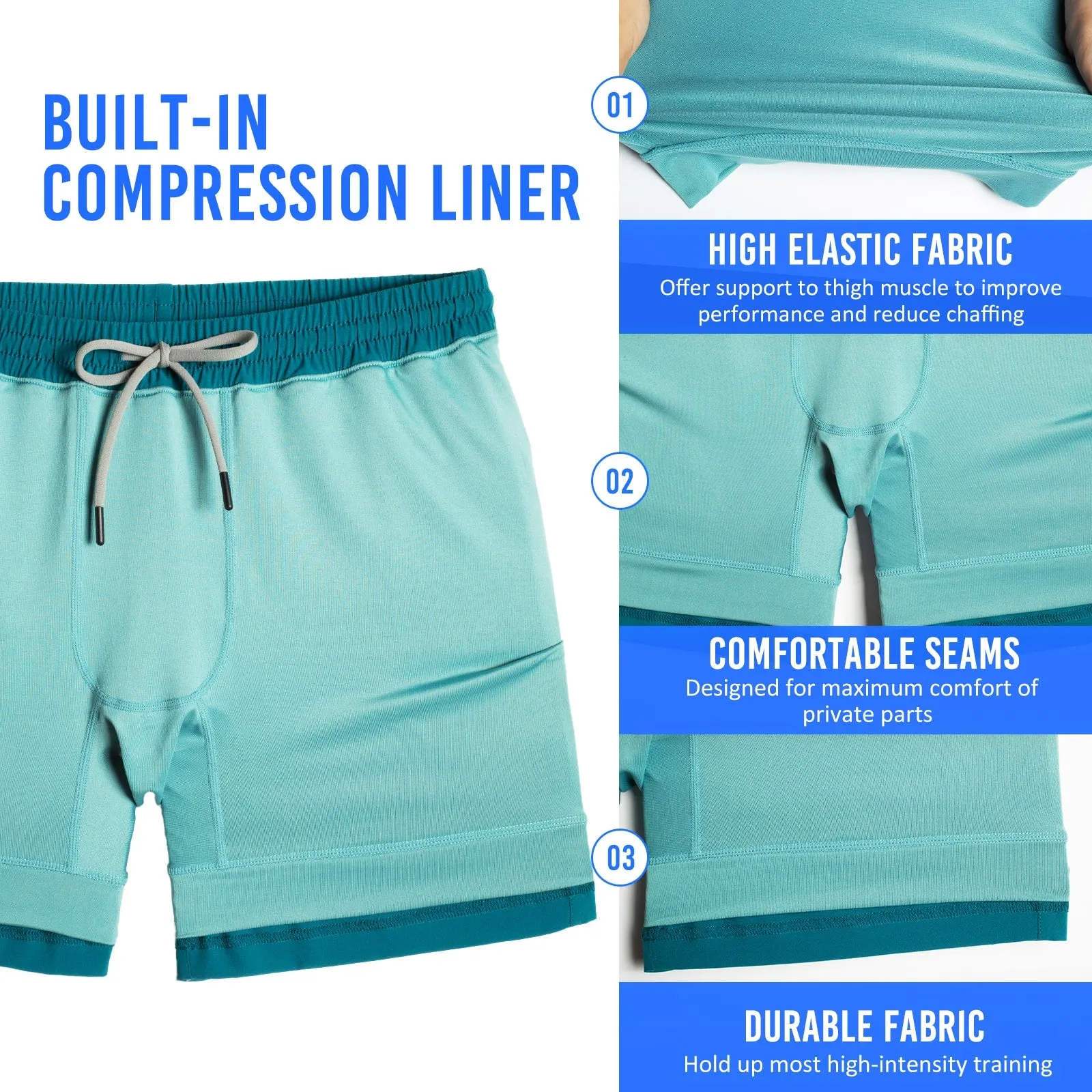 2 in 1 Stretch Short Lined Cyan Blue Gym Shorts