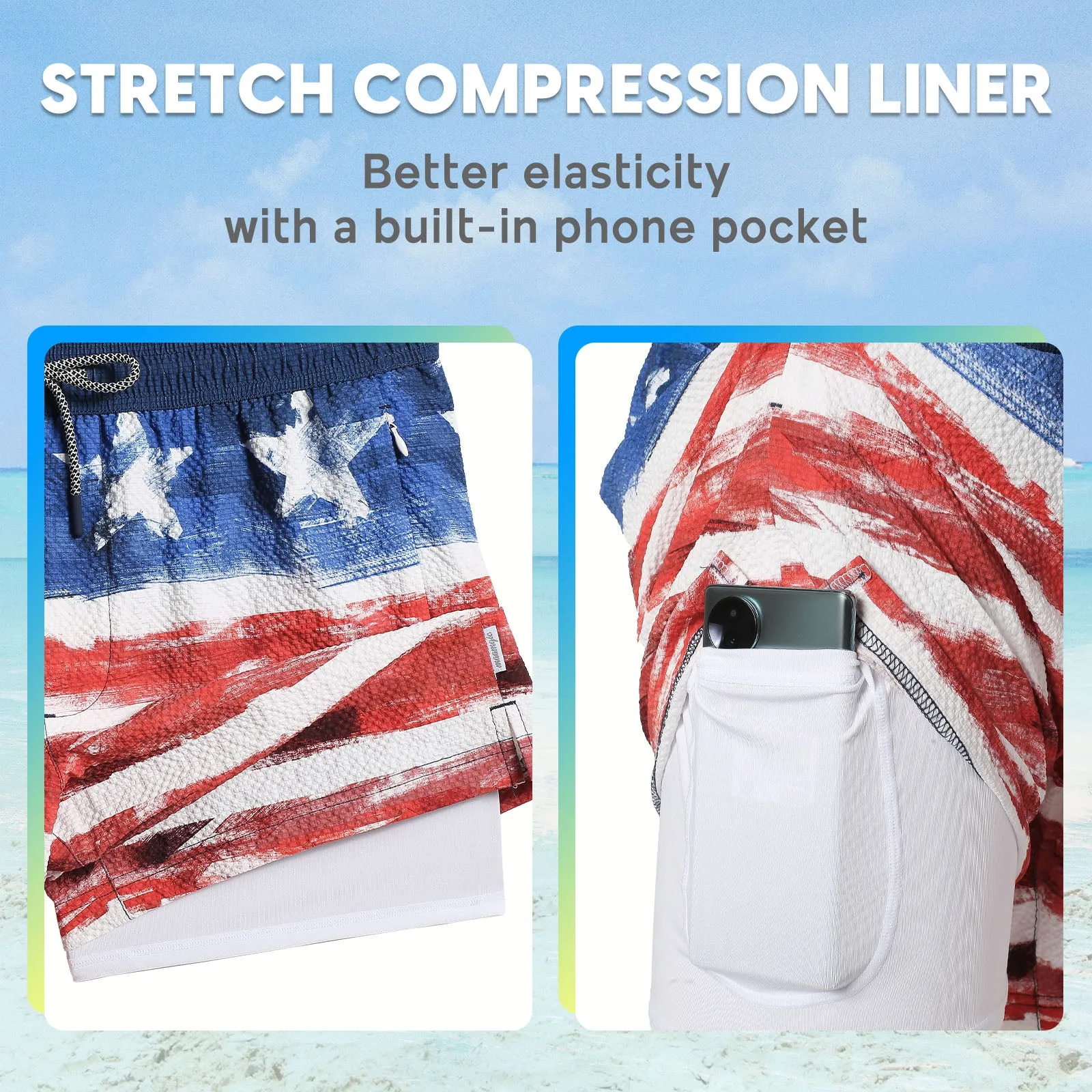 5.5 Inseam 2 in 1 Seersucker Short Liner Patriot Swim Shorts