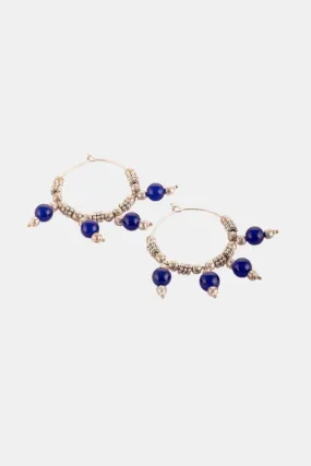 Blue Beads Silver Dangler Hoop Earrings