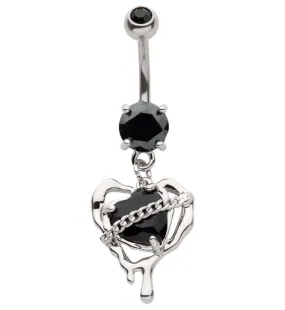 Dripping Heart Black CZ Dangle Stainless Steel Belly Button Ring