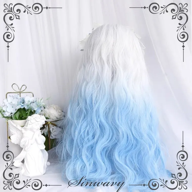 Fairy white blue gradient long curly wig BY6092