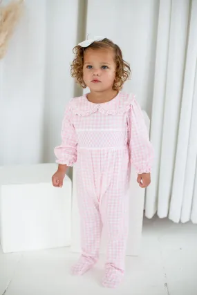 Girls Pink Gingham Dreams Smocked baby grow