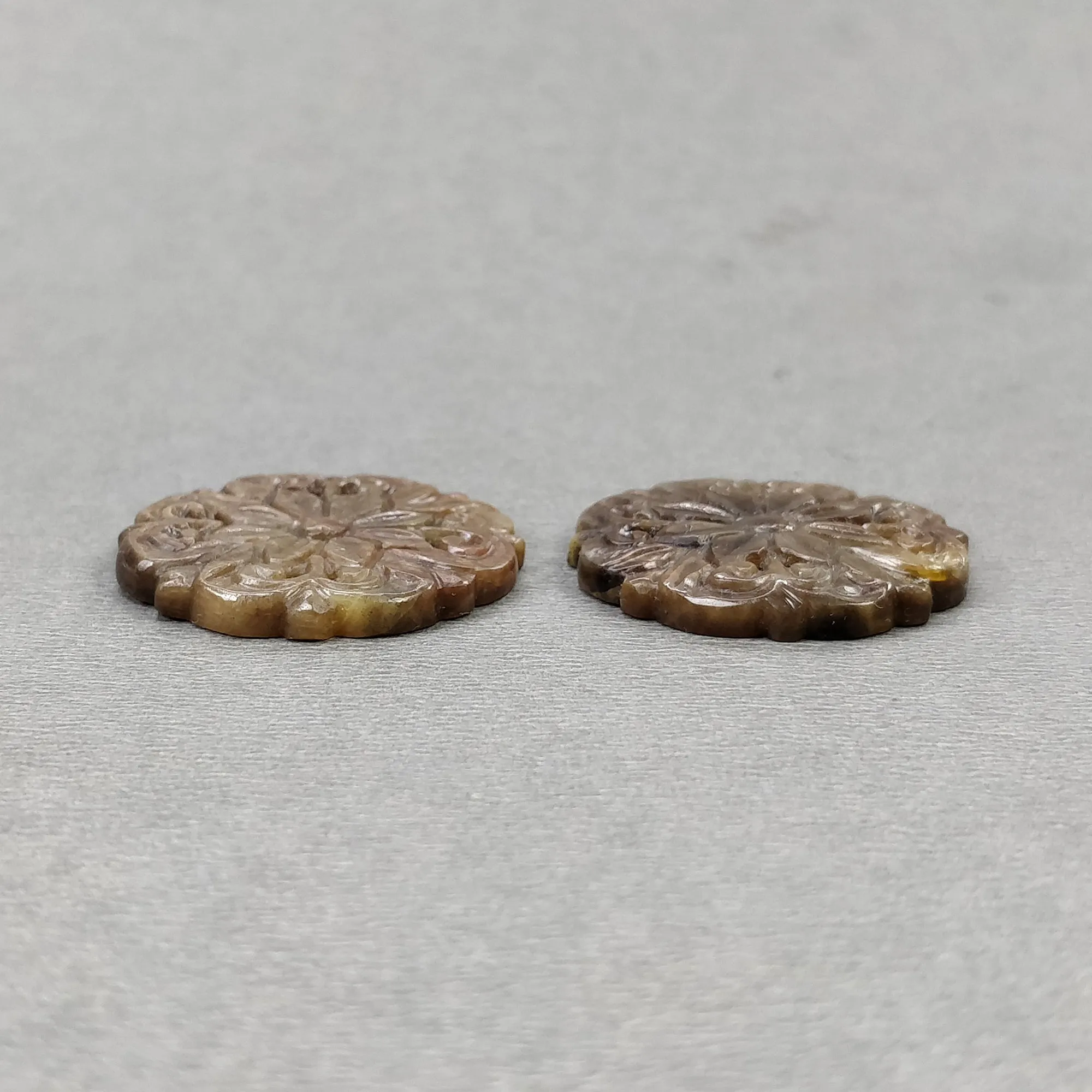 Golden Brown Sheen Chocolate SAPPHIRE Gemstone Carving : 54.00cts Natural Untreated Sapphire Hand Carved Round Shape 27mm Pair (With Video)