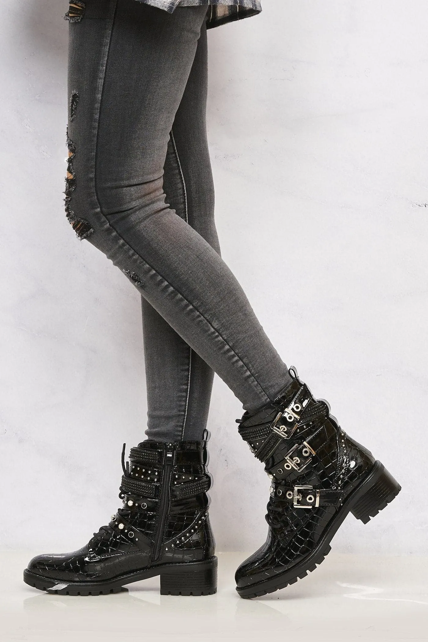 Hailey Diamante Crossover Laceup Biker Boot in Black Croc