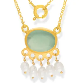 Handmade Short Gold Plated Silver Chain Necklace With Chalcedony & Pearls