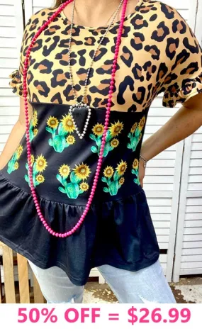 Leopard, Sunflower, and black ruffle trim