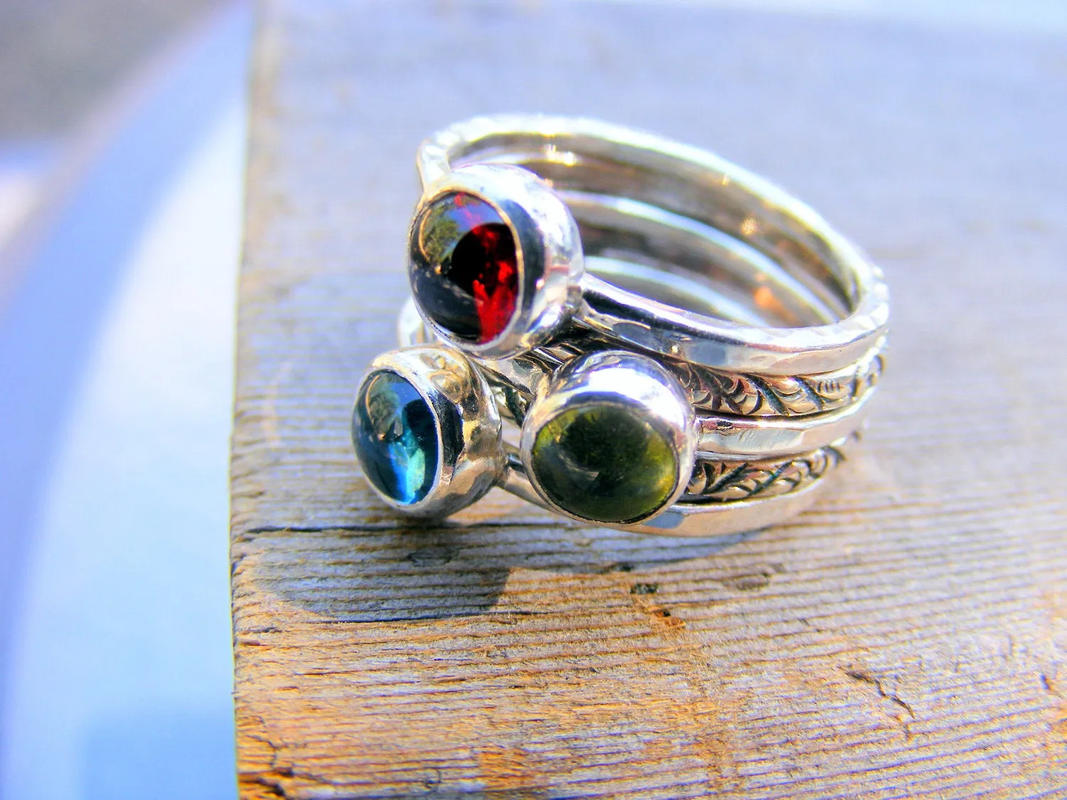 Mothers Birthstone Stacking Rings - Garnet, London Blue Topaz And Peridot Gemstones In Recycled Sterling Silver -  Mother's Day Gift Ring