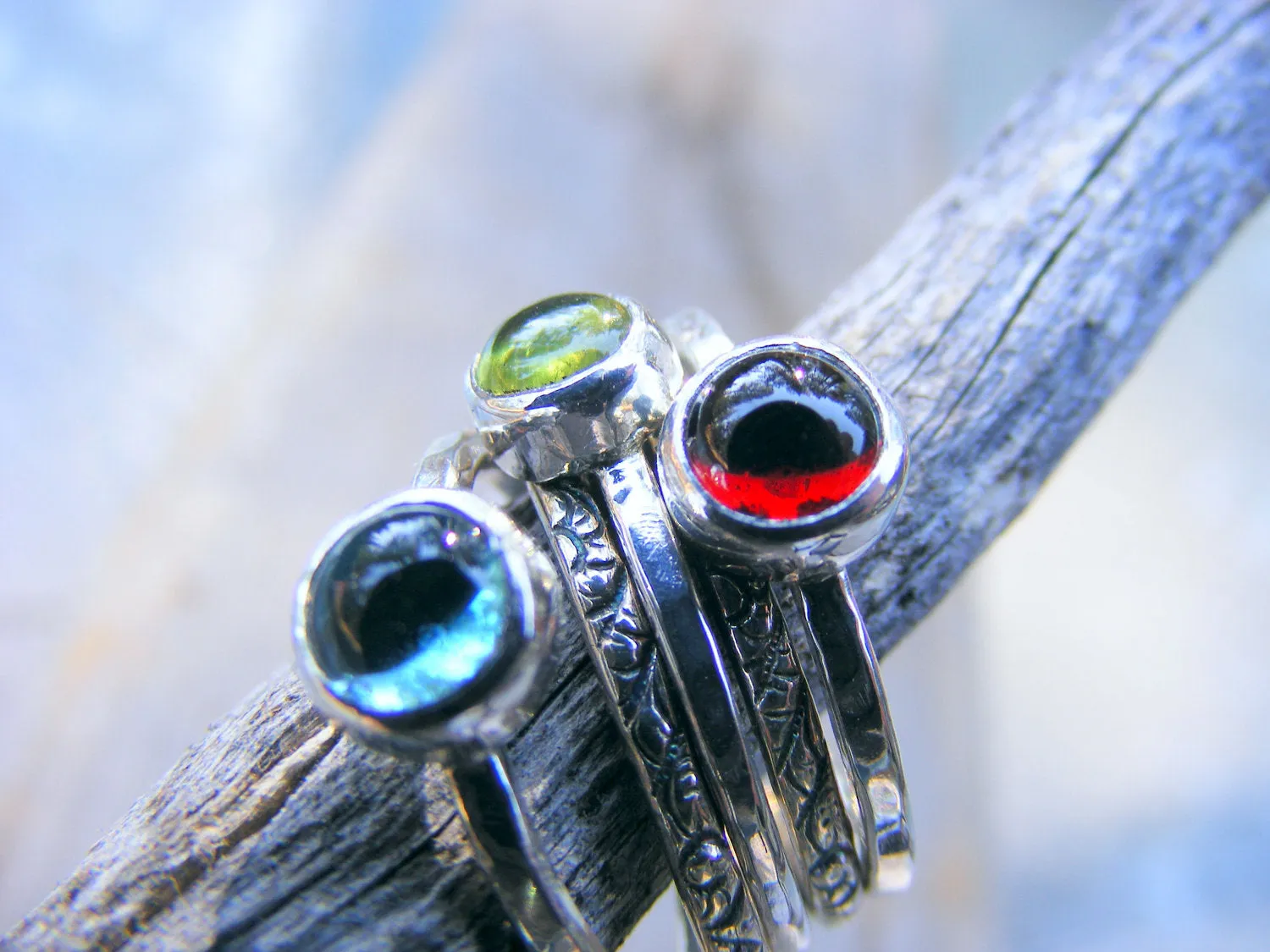 Mothers Birthstone Stacking Rings - Garnet, London Blue Topaz And Peridot Gemstones In Recycled Sterling Silver -  Mother's Day Gift Ring