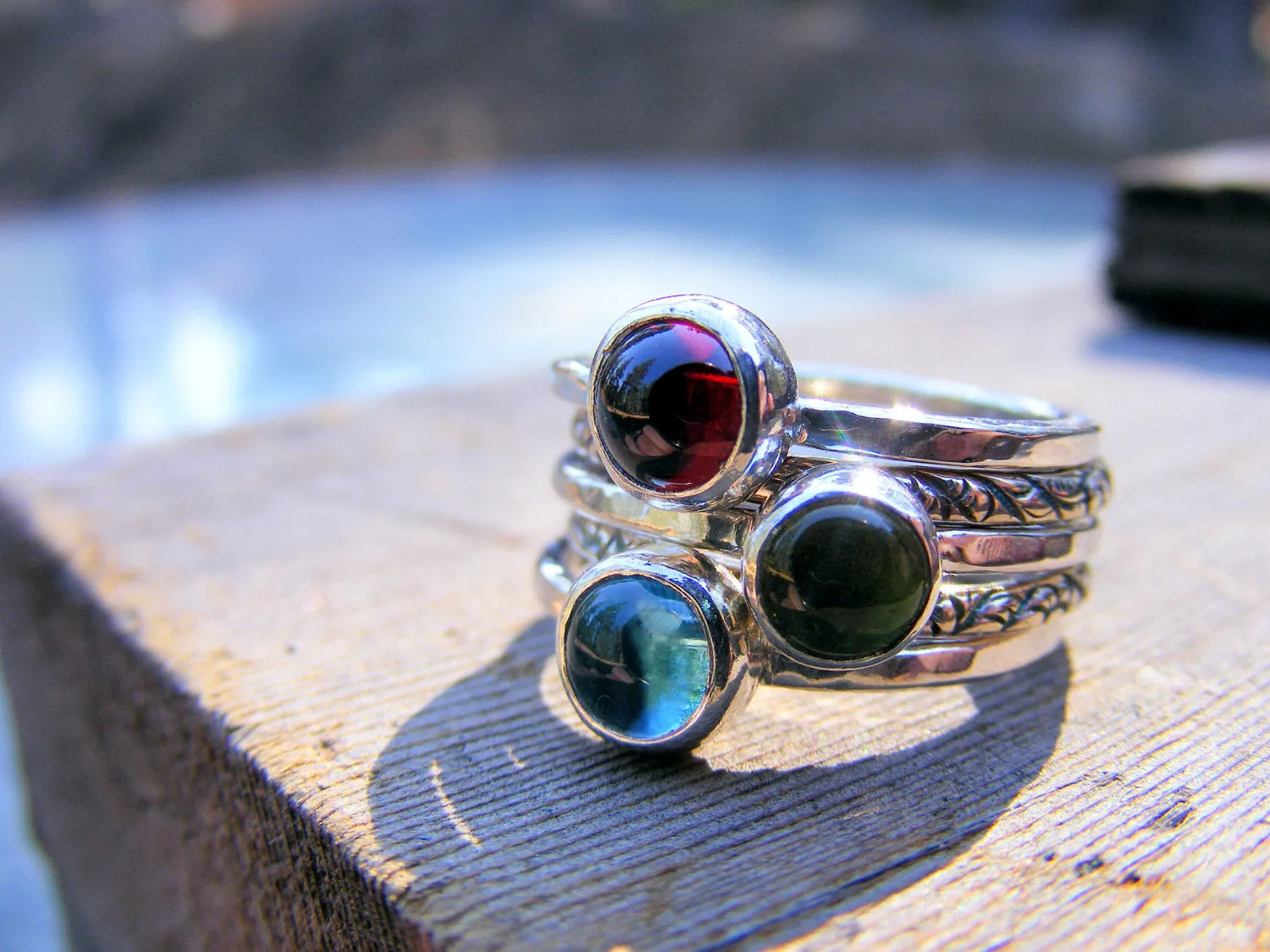 Mothers Birthstone Stacking Rings - Garnet, London Blue Topaz And Peridot Gemstones In Recycled Sterling Silver -  Mother's Day Gift Ring