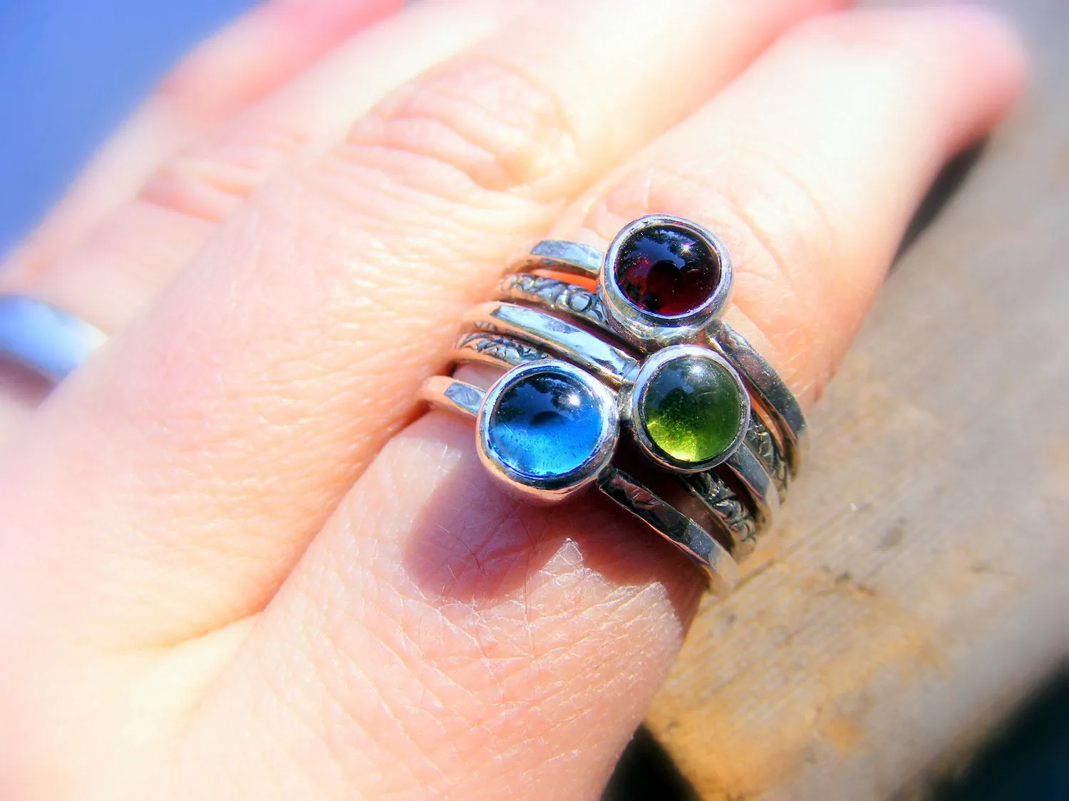 Mothers Birthstone Stacking Rings - Garnet, London Blue Topaz And Peridot Gemstones In Recycled Sterling Silver -  Mother's Day Gift Ring