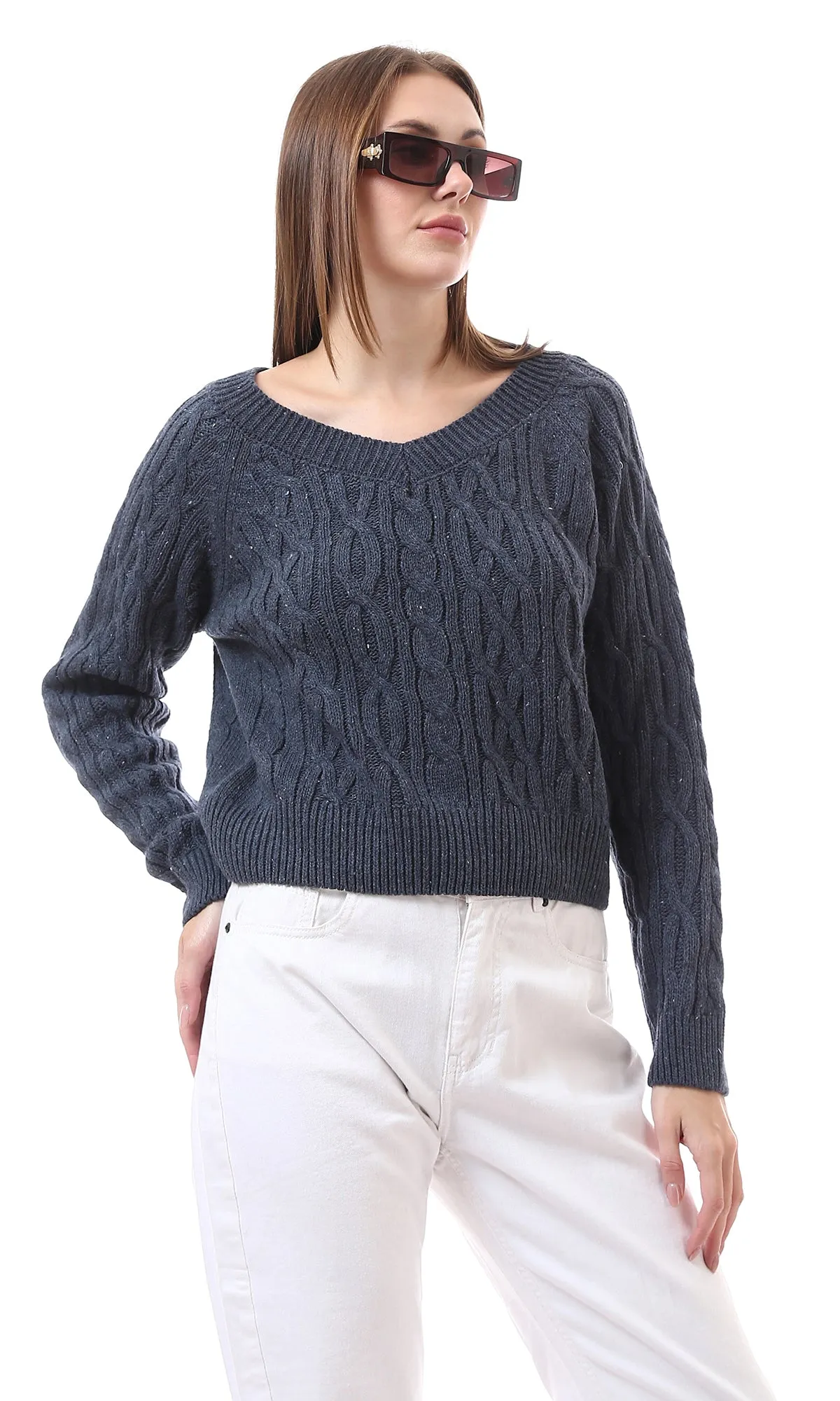 O172551 Deep V-Neck Slip On Light Navy Blue Knitted Pullover