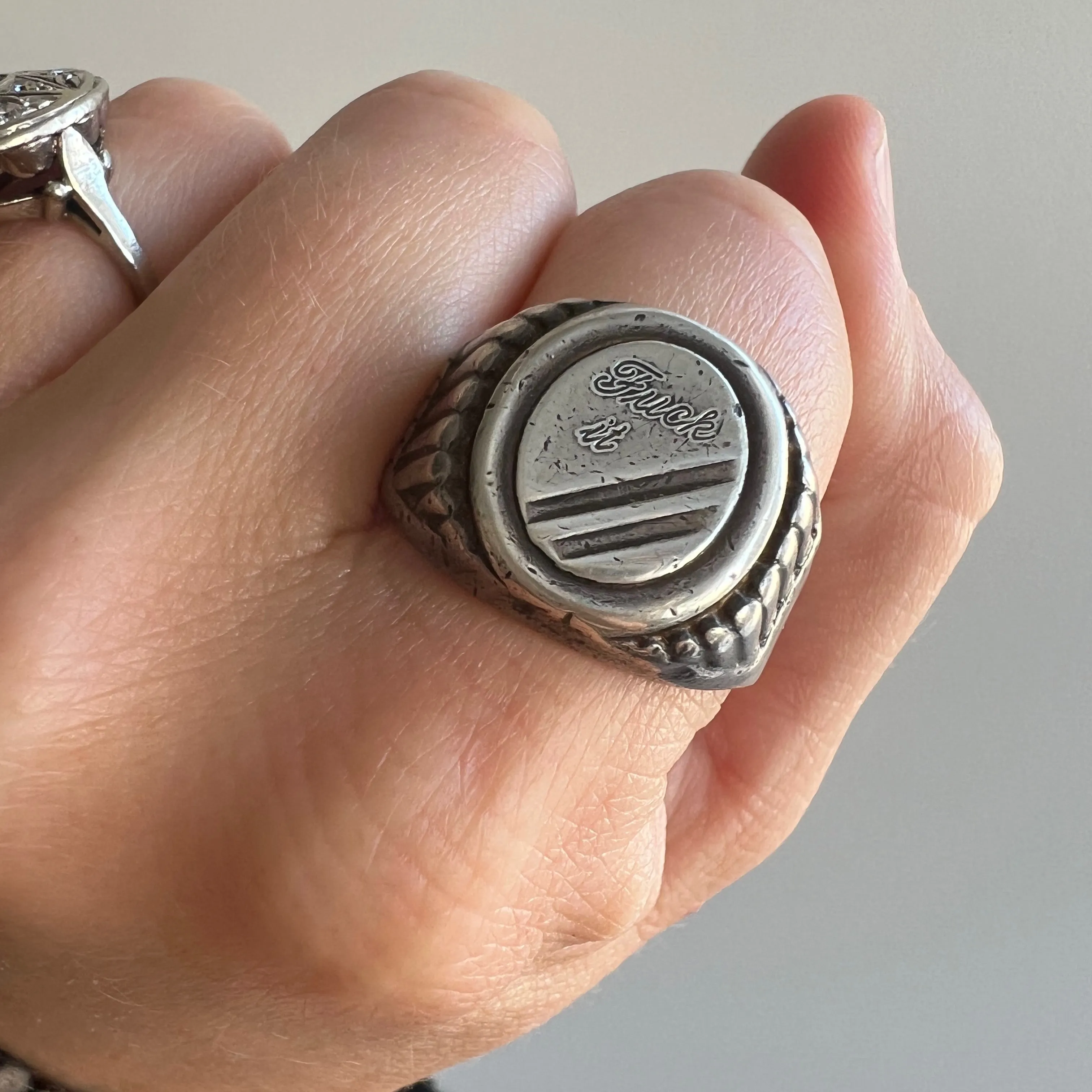 reimagined V I N T A G E // f*ck it / sterling silver oval signet ring with freshly engraved sentiment / size 12.75