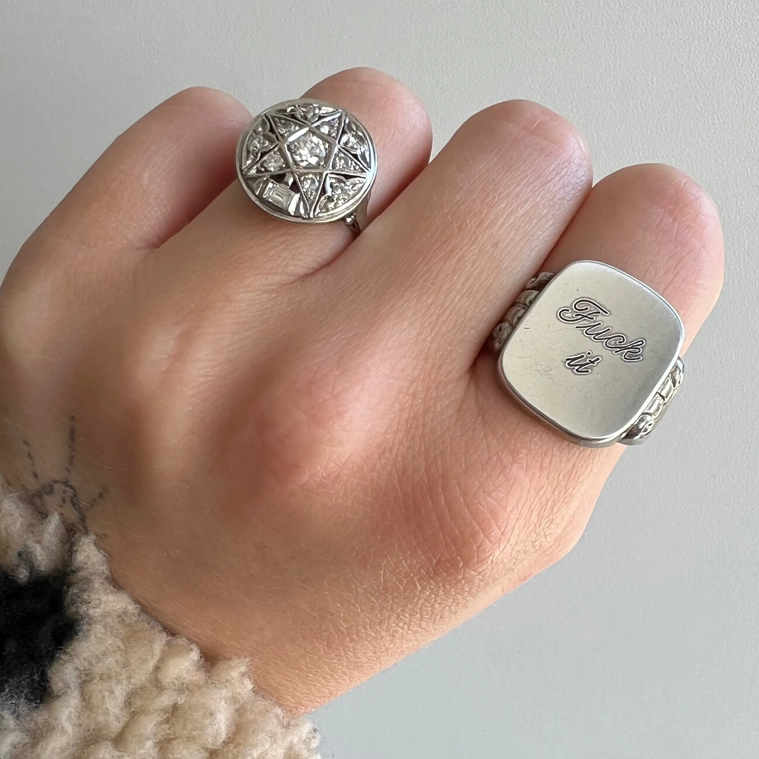 reimagined V I N T A G E // f*ck it / sterling silver rectangular signet ring with freshly engraved sentiment / size 8.5