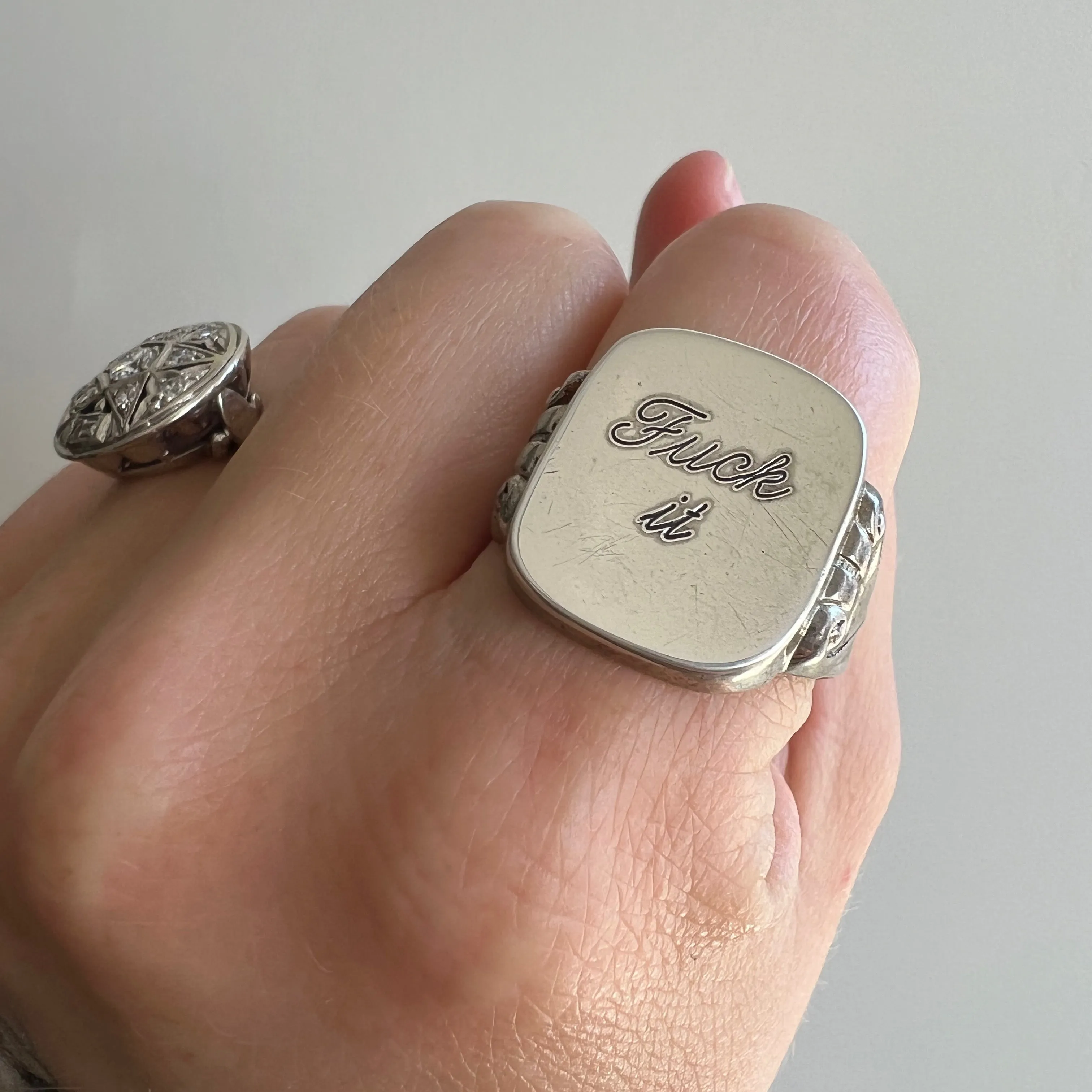 reimagined V I N T A G E // f*ck it / sterling silver rectangular signet ring with freshly engraved sentiment / size 8.5