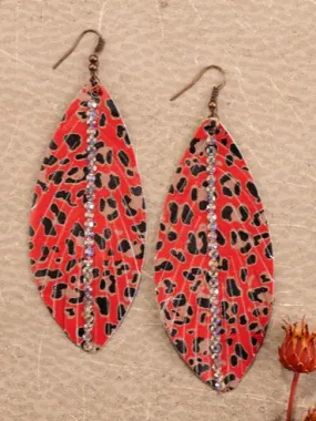 Rhinestone and Red Leopard Feather Earring