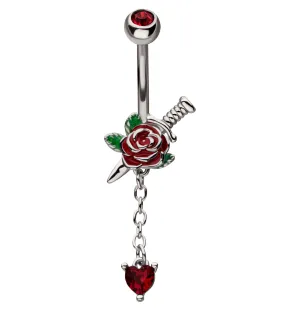 Rose And Dagger Heart CZ Dangle Stainless Steel Belly Button Ring