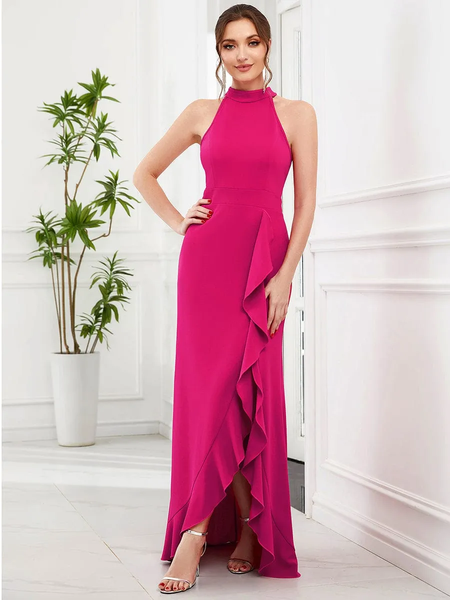 Ruffled Front Slit Cinched Waist Halter Sleeveless Evening Dress