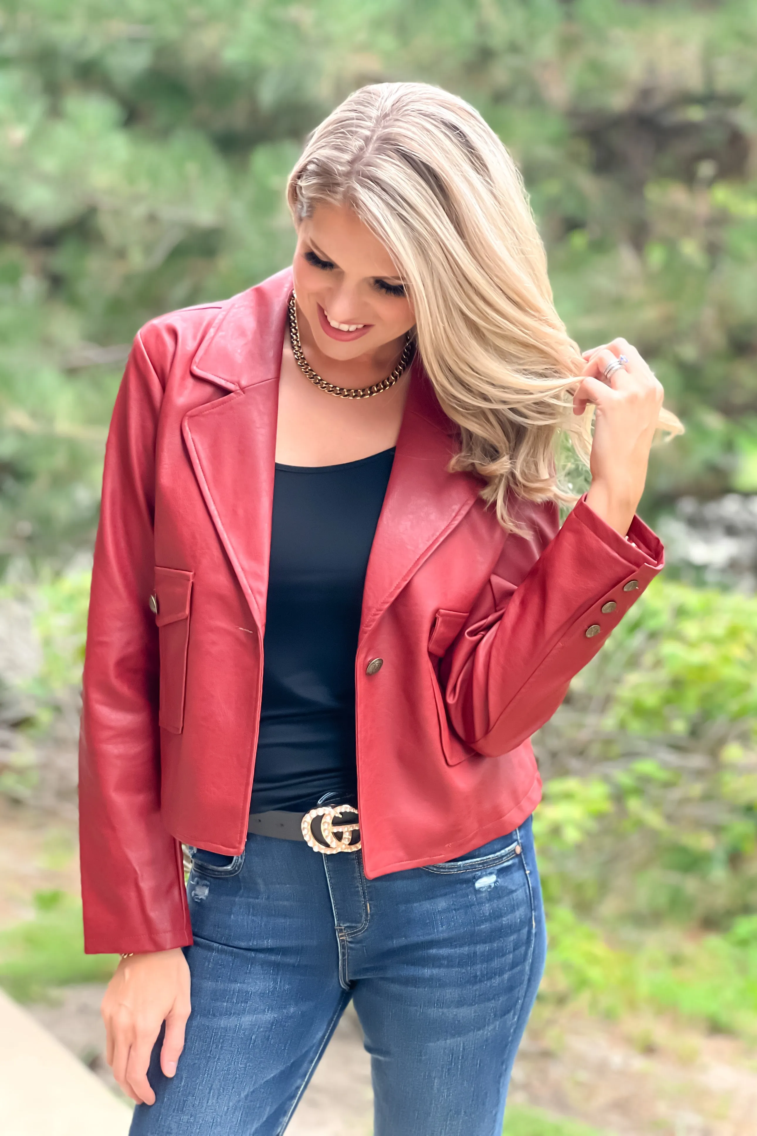 Something More Faux Leather Short Jacket : Burnt Red