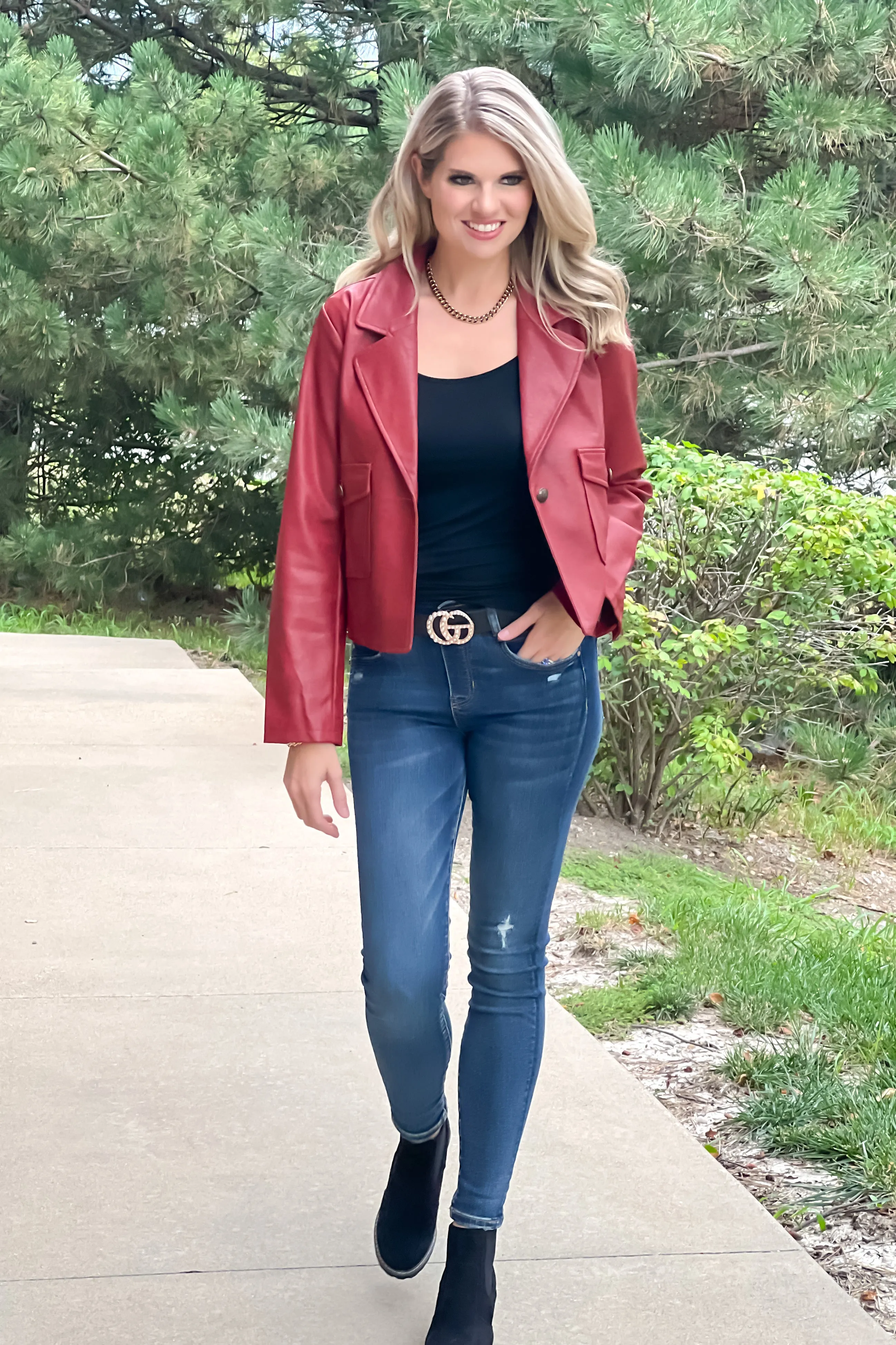 Something More Faux Leather Short Jacket : Burnt Red