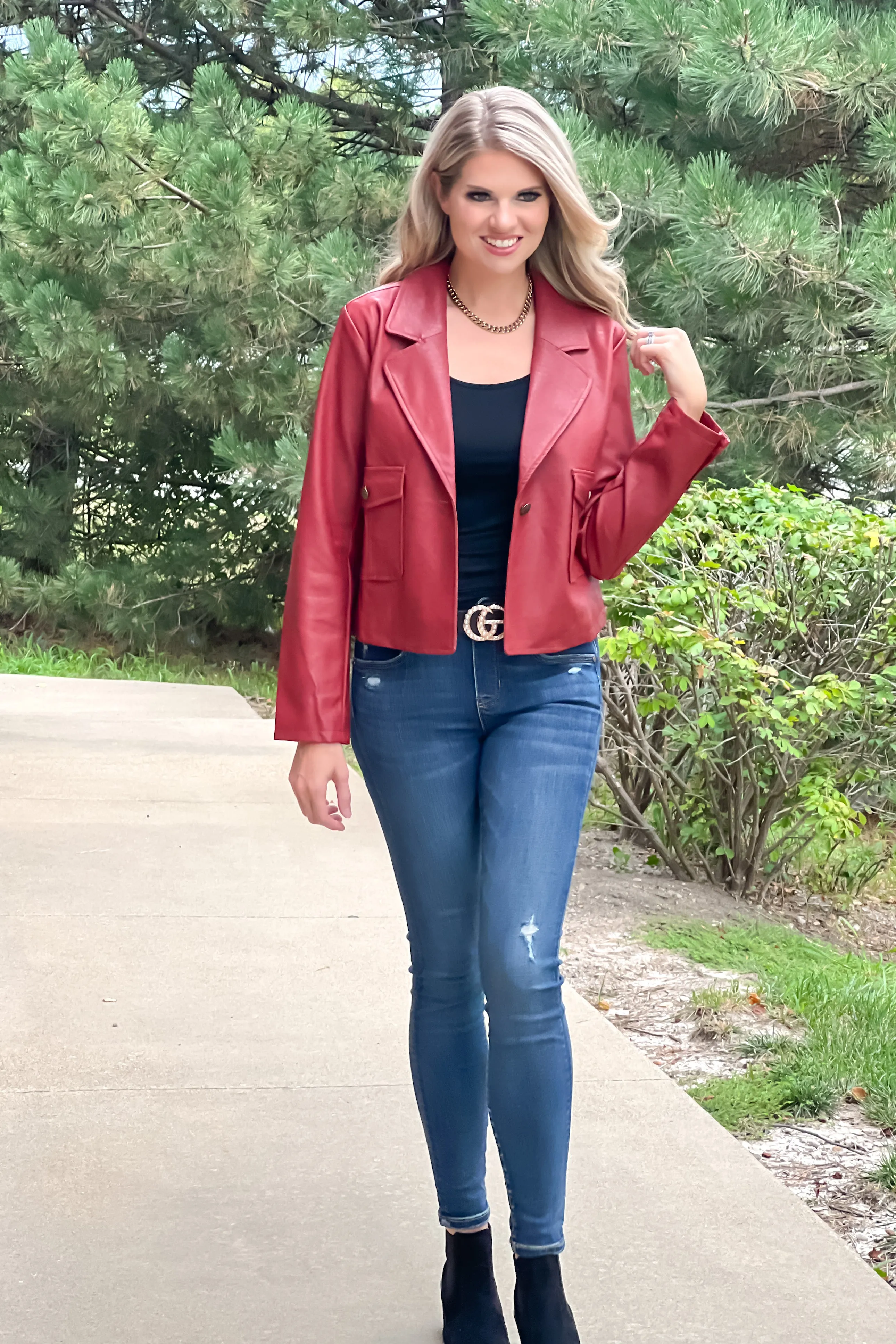 Something More Faux Leather Short Jacket : Burnt Red