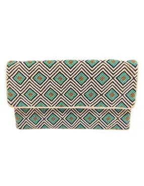 Turquoise & Cream Diamond Beaded Clutch