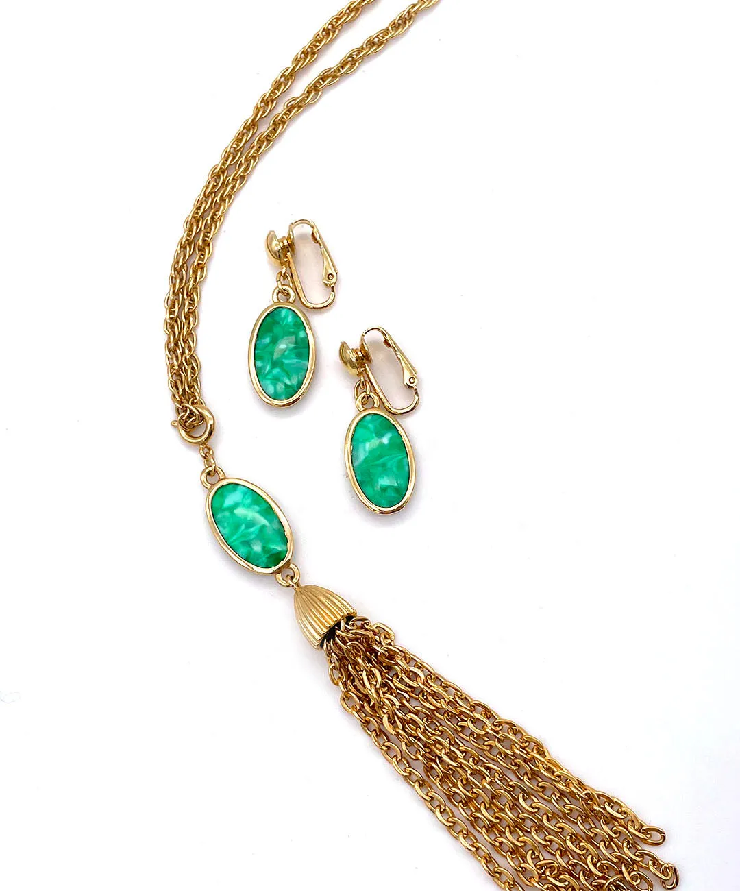 【USA輸入】 ヴィンテージ EMMONS グリーン マーブル タッセル ネックレス/Vintage EMMONS Green Marble Tassel Necklace