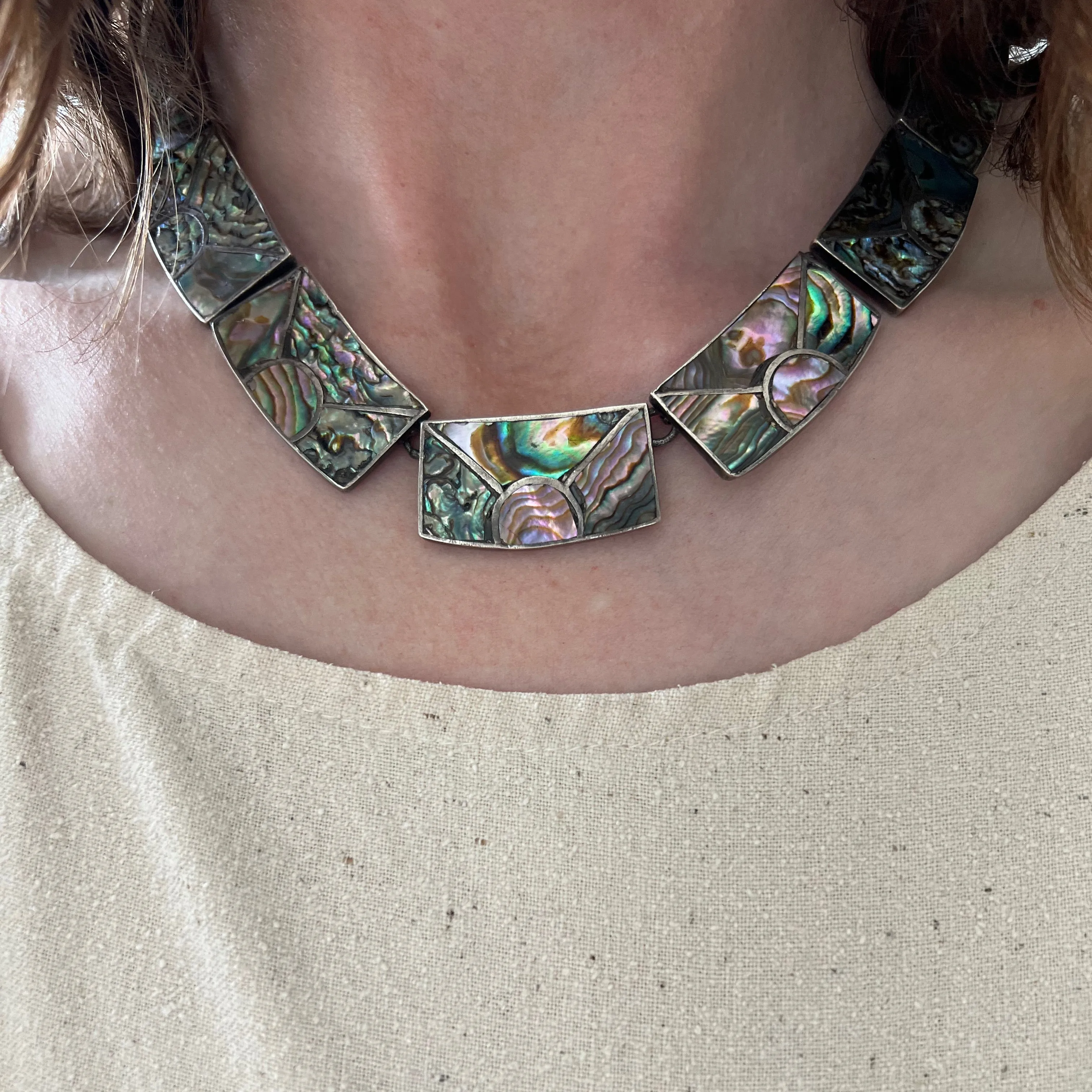 V I N T A G E // rainbow skies / abalone inlay sunshine in sterling silver / Mexican sterling silver necklace / 16, 76g