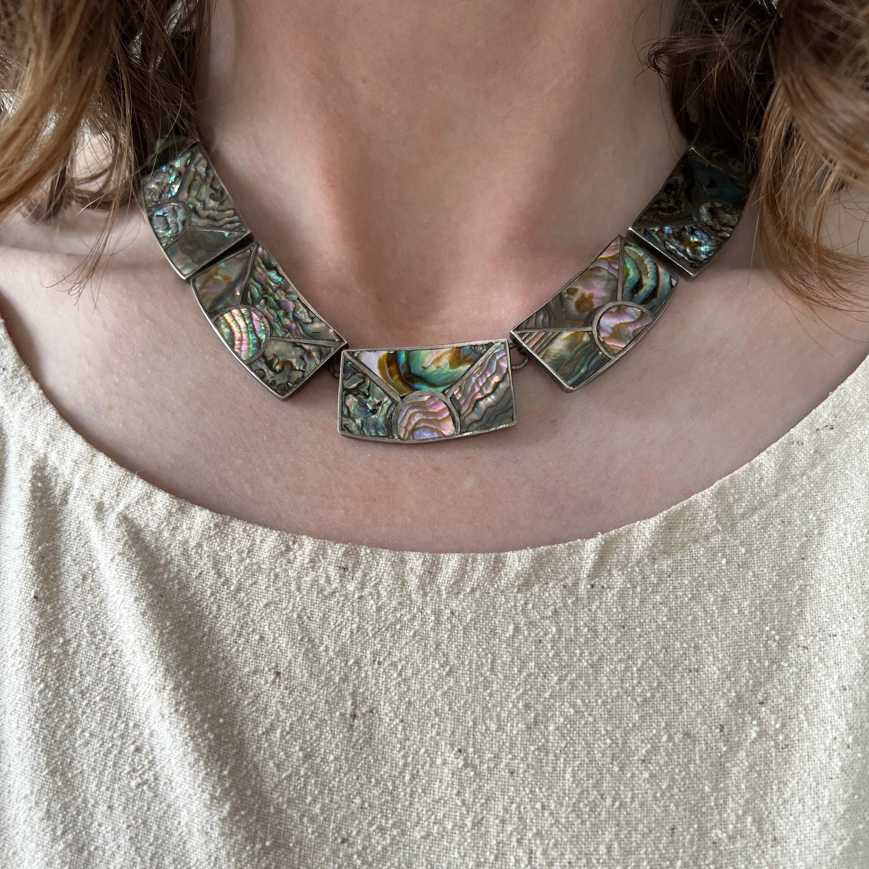 V I N T A G E // rainbow skies / abalone inlay sunshine in sterling silver / Mexican sterling silver necklace / 16, 76g