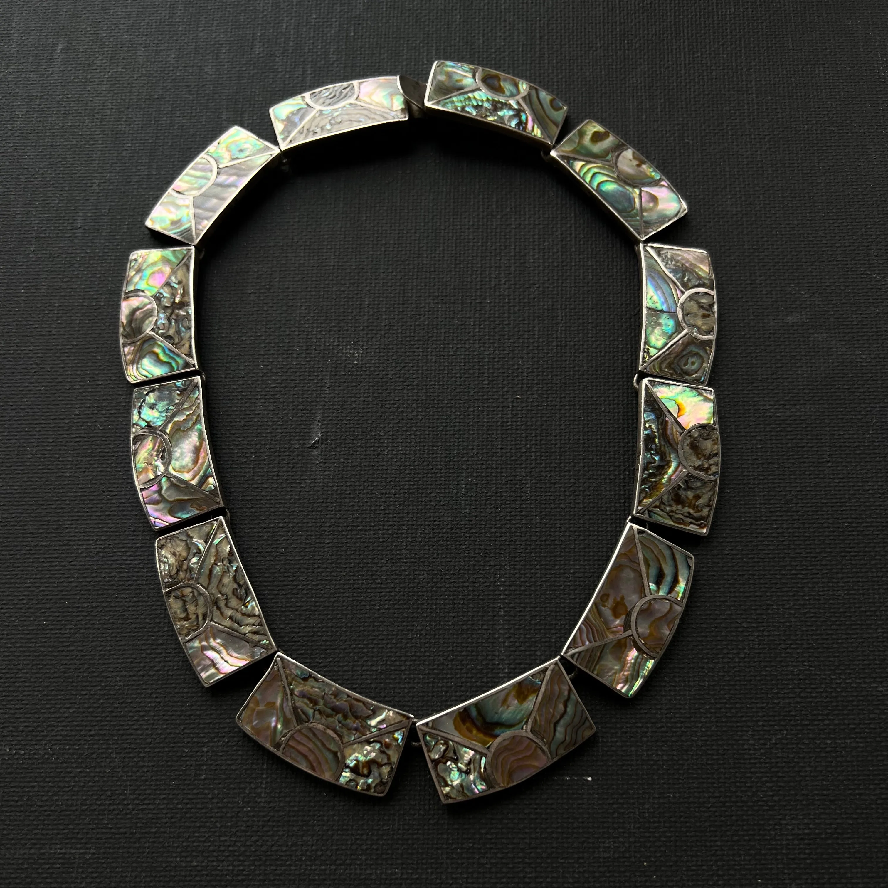 V I N T A G E // rainbow skies / abalone inlay sunshine in sterling silver / Mexican sterling silver necklace / 16, 76g