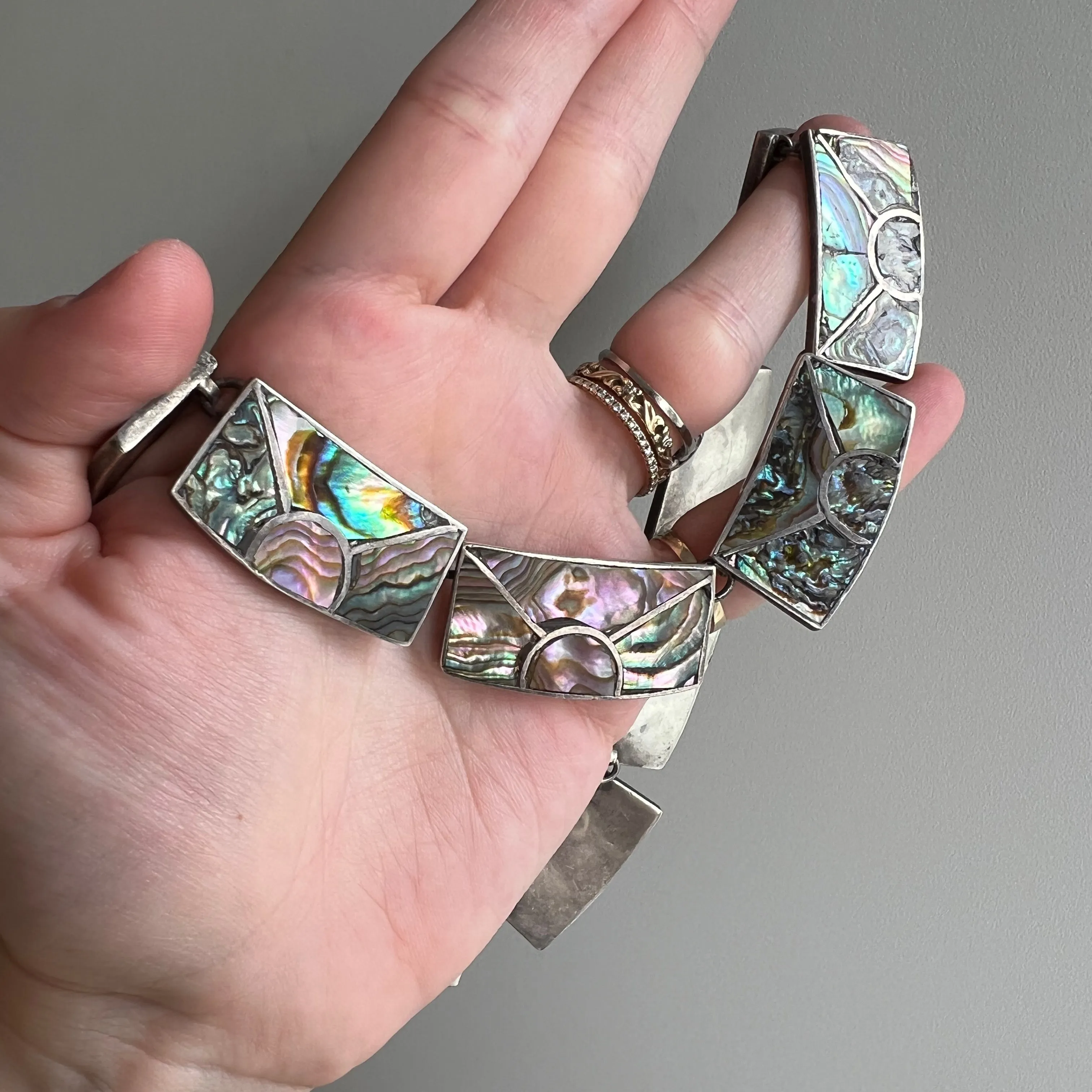 V I N T A G E // rainbow skies / abalone inlay sunshine in sterling silver / Mexican sterling silver necklace / 16, 76g