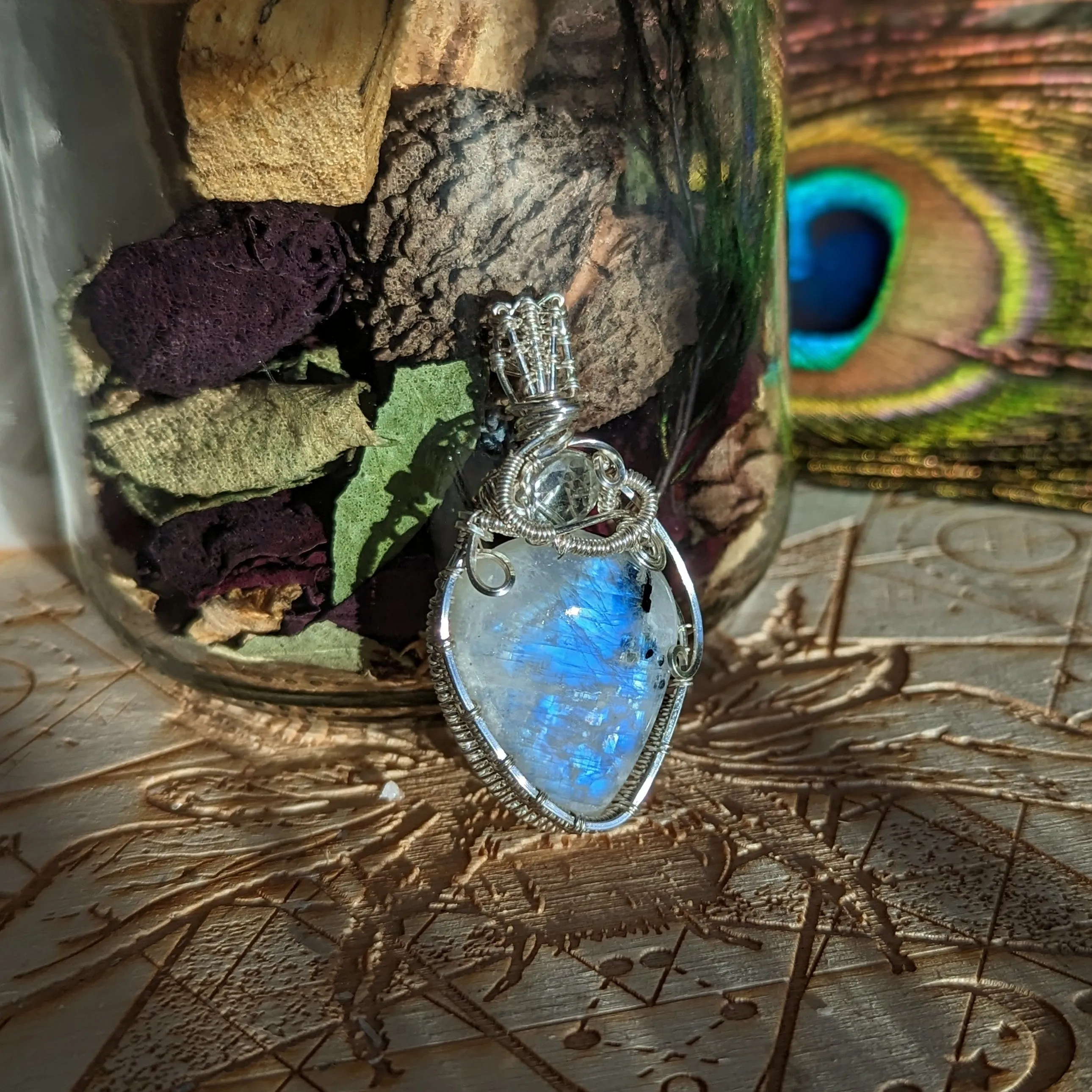 Wire Wrapped Pendant~ FLASHY Moonstone with Light Peridot accent~ Silver Chain Included